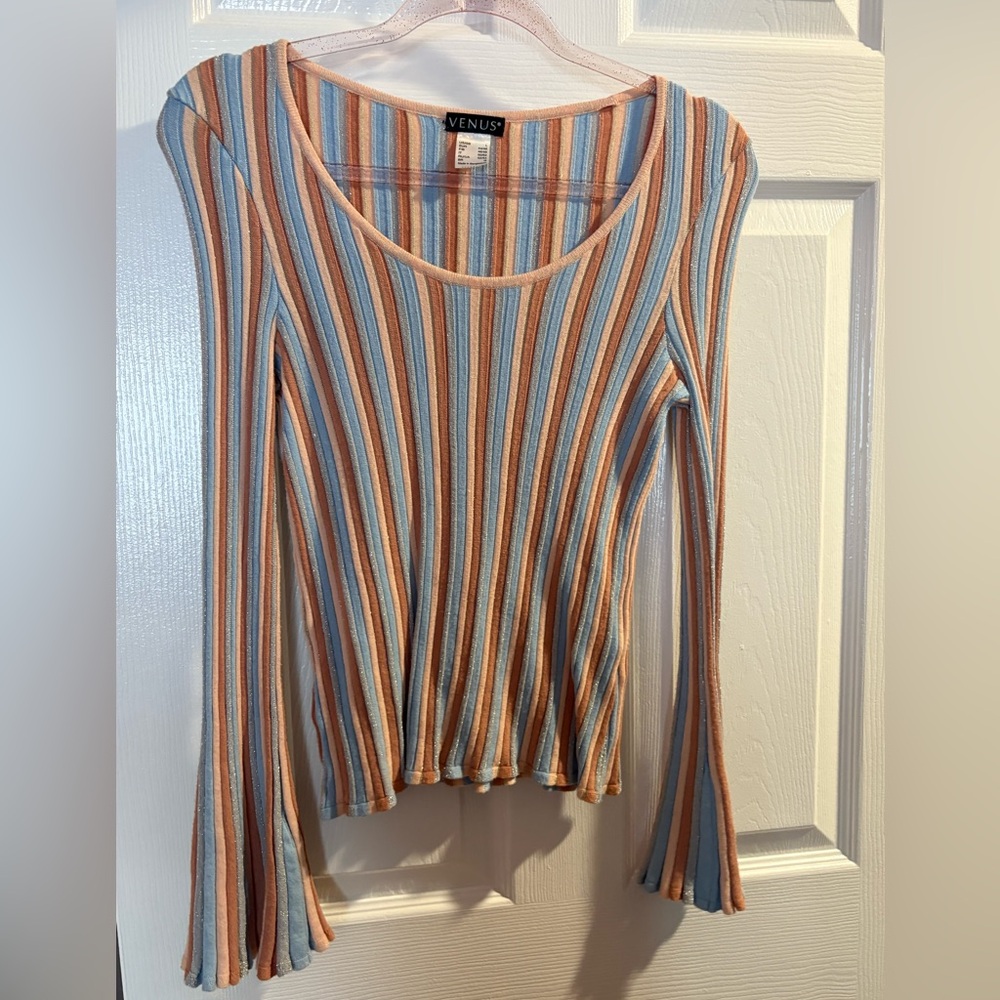 VENUS Blue and Orange Striped Long Sleeve Top